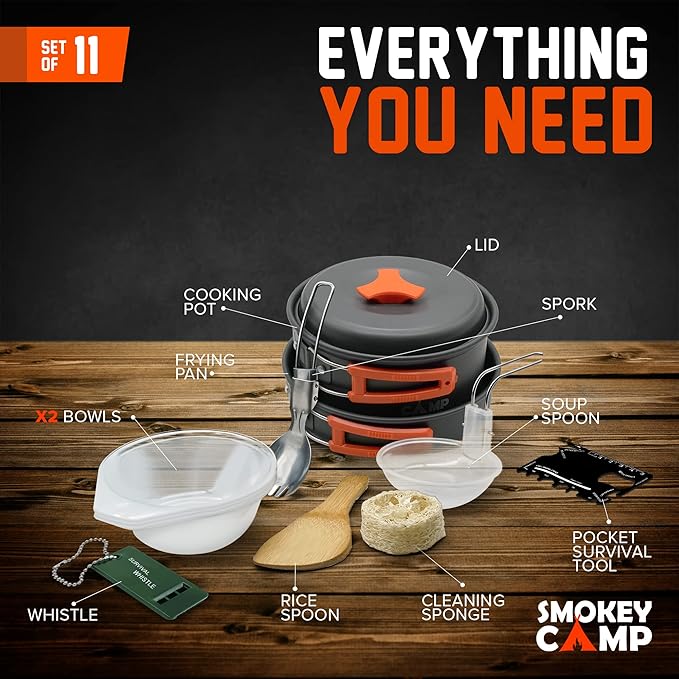 Camping Cookware Mess Kit Set with Stove - Backpacking Camping Pots and Pans Set, All in One Non-Stick Camping Cooking Set, Portable Stove, Hiking, Picnic, Outdoor & Camping Cookware Set