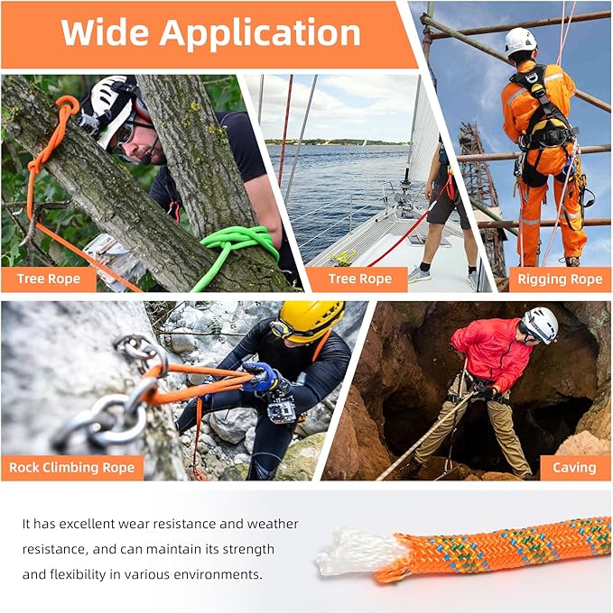 Climbing Rope, 1/2 Inch x 50 Feet Double Braided Arborist Rope Polyester for Outdoor, Climbing, Hiking, Swing, Tree Work, Halyard, Sailing etc(Orange)