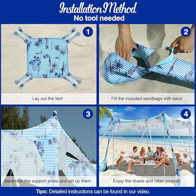 Rhino Valley Beach Tent Sun Shelter, 10x10FT Beach Canopy Tent Sun Shade UPF50+ Protection with 8 Sandbags 4 Stability Poles, Outdoor Beach Shade Canopy 6-8 People for Beach Camping Fishing