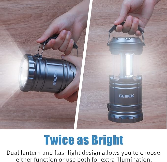 GEMEK 2 x LED Camping Lantern Battery Powered Flashlights Portable 2-in-1 Collapsible COB Lantern Lights for Camping, Car, Shop, Attic, Garage, 6 AA Batteries Included (Gray)