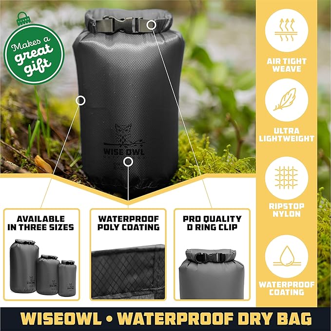 Wise Owl Outfitters Waterproof Dry Bag - Fully Submersible 1pk or 3pk Ultra Lightweight Airtight Waterproof Bags - 5L, 10L and 20L Sizes - Diamond Ripstop Roll Top Drybags