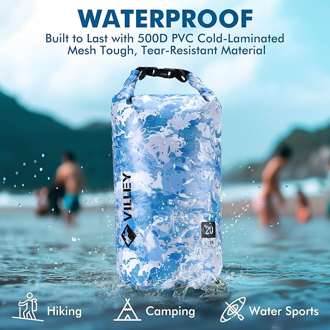 VILLEY Dry Bag Waterproof 20L Roll Top Sack Keeps Gear Dry Lightweight Dry Sack with Waterproof Phone Case for Kayaking Boating Camping Swimming and Beach Adventures Blue Camo