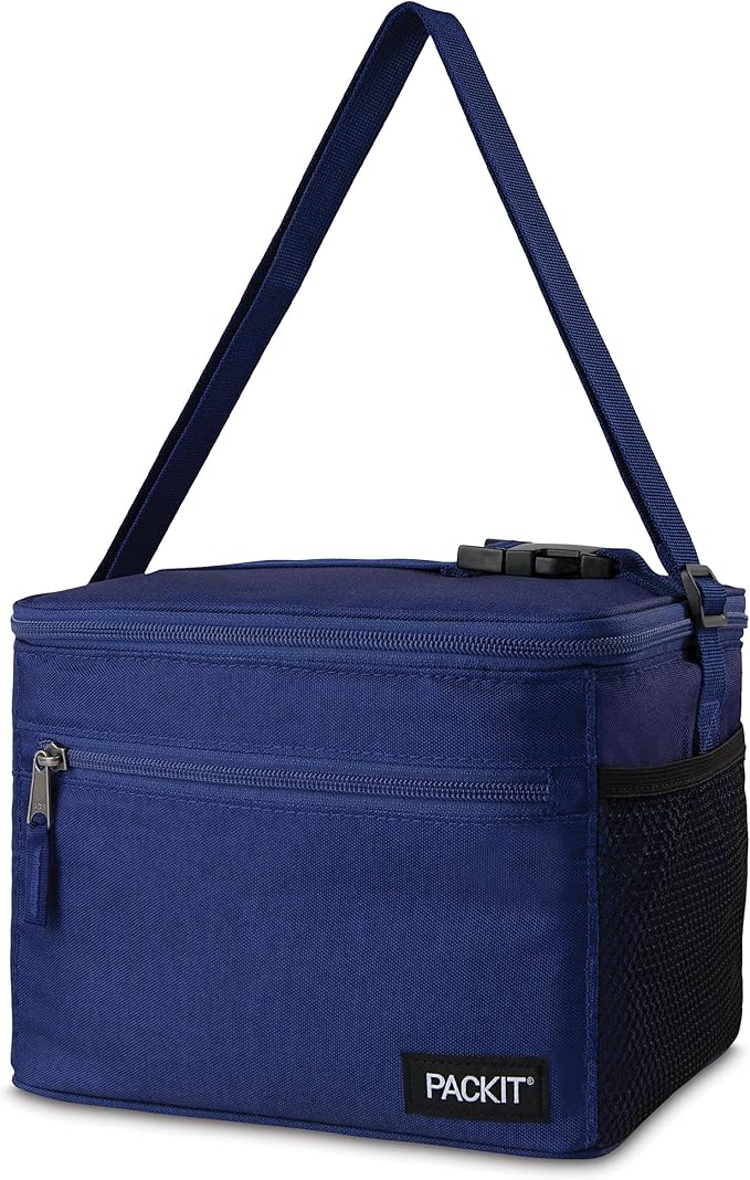 PackIt Freezable Essential Cooler, True Blue, Built with ECOFREEZE Technology, Fully Freezable, Collapsible, Reusable, With Adjustable Crossbody Strap, Top Clip Handle, Designed for Fresh Office