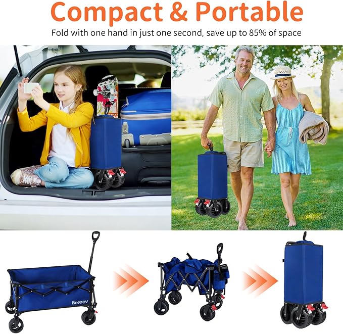 BELEEV Collapsible Wagon Cart, Heavy Duty Foldable Utility Cart with 6" All-Terrain Big Wheels, 130L Large Capacity, Side Pocket & Drink Holders for Beach Grocery Garden Camping Sports Shopping (Blue)