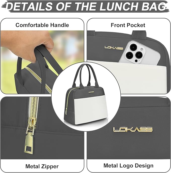 LOKASS Lunch Bag for Women-Insulated Adults Lunch Box with Front Pocket- Small Cute Lunch Tote for Work-Reusable Cooler Bag for Office Picnic Beach or Travel (Dark Grey)