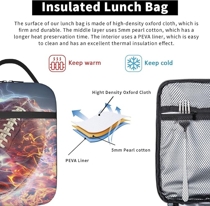 Football Lunch Box Reusable Insulated Totes Lunch Bag Thermal Cooler For Boy Girls School Men Women Beach Picnic Travel