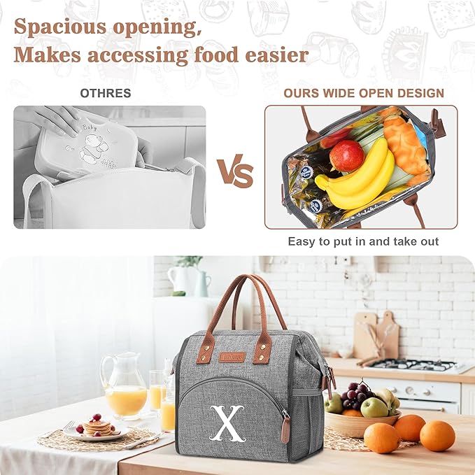 Initial Lunch Bag Women Insulated Lunch Box Wide-Open Lunch Tote Bag Large Drinks Holder Durable Nylon Thermal Snacks Organizer for Work, Travel, Picnic Personalized Gifts for Women/Teacher