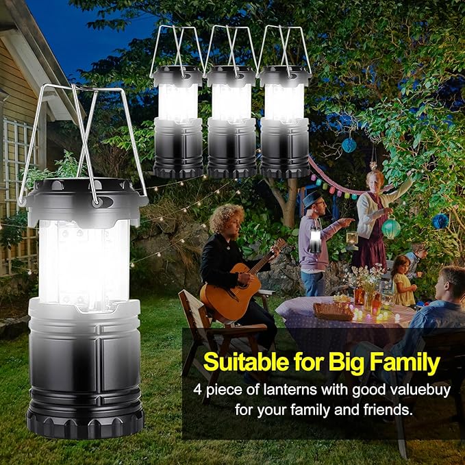 Lantern Camping Essentials Lights, Led Flashlight for Power Outages, Tent Lights for Emergency, Survival Gear and Supplies for Hurricane, Battery Operated Lamp, 4 Pack, Black