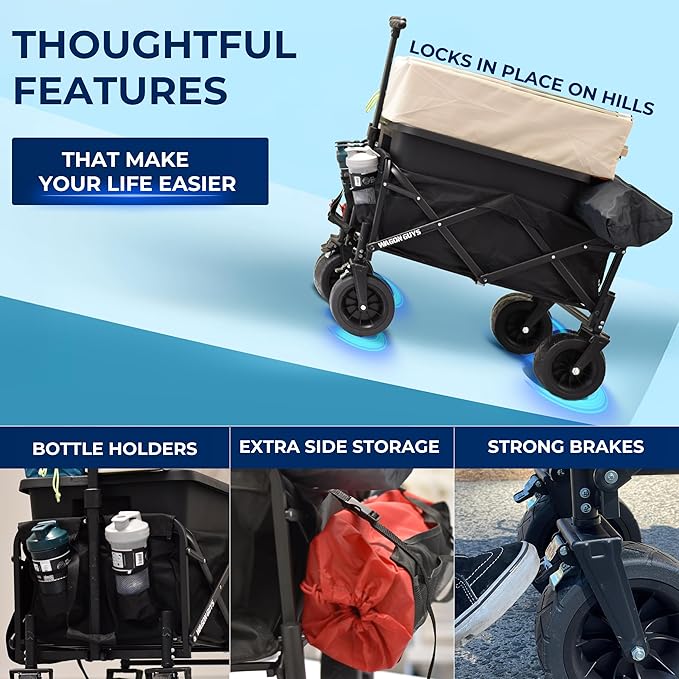 350LB Foldable Wagon Cart with Extra Large Wheels, Collapsible Wagon with Wheels, One Click Removable Tires with 2 Front Brakes for Strong Incline Hold, Extra Side Storage Pocket and 2 Cup Holders