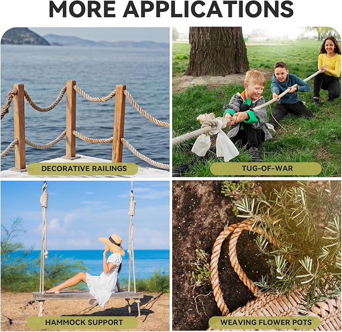 Natural Jute Rope 1 Inch × 25 Ft [Heavy Duty 4 Strands Twisted Manila] Hemp Rope for Swing Bed, Crafts, Railing, Tug of War, Landscaping, Gardening, Bundling, Hammock, Home Decorating