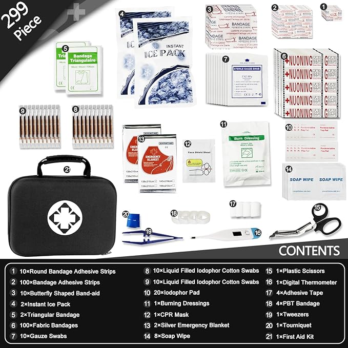 Home-Travel First-Aid Emergency-Kit Camping-Essentials - 299Pcs Car Survival Set First Aid Handheld Bag Multiple Purpose Black Case Outdoor Backpacking Gear for Disaster Preparedness YIDERBO