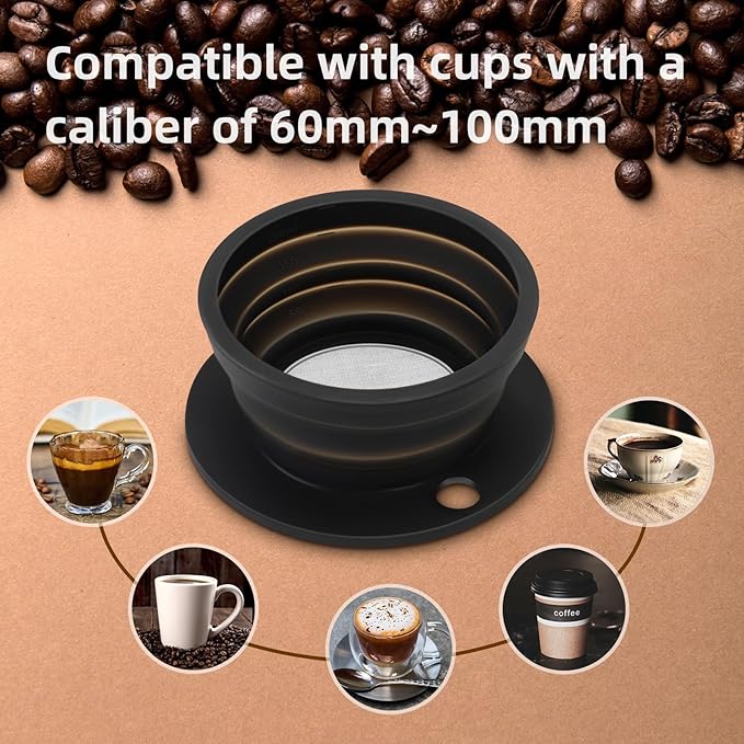 2-Packs Travel Collapsible Paperless Pour Over Coffee Dripper Kit with Stainless Steel Filter, Travel Pour Over Coffee Maker Camping, Silicone Coffee Strainer Pour Over Single Cup (Brown+Black)