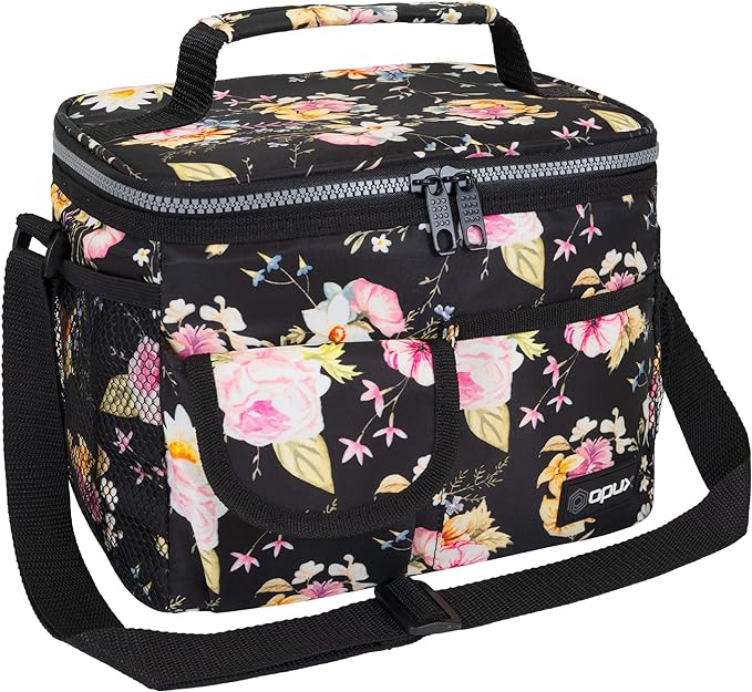 opux Insulated Lunch Bag for Men Women, Leakproof Floral Black Lunch Box for Work, Portable Soft Lunch Cooler Bag with Shoulder Strap, Adult Lunchbox Lunch Pail for Kid Boy Girl School, 14 Can/8L