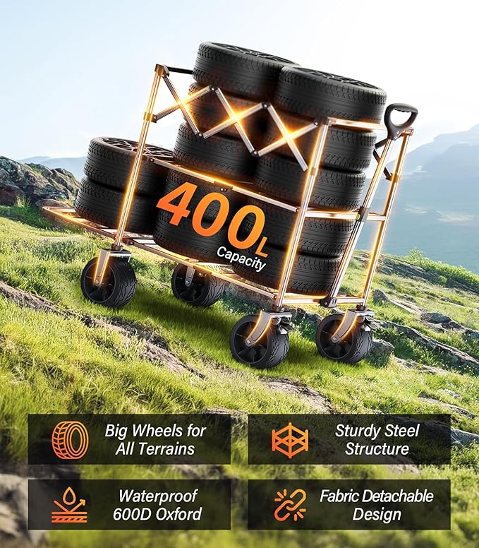 Collapsible Wagon Double Decker,Wagons Carts Foldable,Heavy Duty Wagon Camping Sports Garden Grocery,Utility Wagon for All Terrain Black