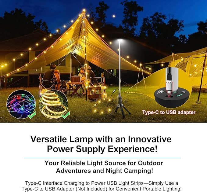 Telescopic Camping Light, Rechargeable Camping Lantern with 20000mAh Battery, Portable Camp Light Outdoor Waterproof with 3 Modes, Camping Light for Emergency, Camping, Hiking(Bag Included)