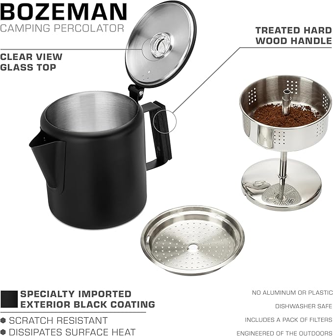 COLETTI Black Bozeman Percolator Coffee Pot — Camping Coffee Pot, Coffee Percolator – America’s Sleekest Percolator – Pure Stainless Steel, NO Aluminum or Plastic (6 Cup)