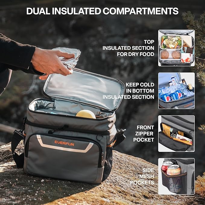 EVERFUN Small Cooler Lunch Box Mini Leak-Proof Soft Double Deck 24 Can Personal Insulated Collapsible Portable Waterproof Lunch Bag Ice Chest for Men Women Work Travel Car Picnic Beach