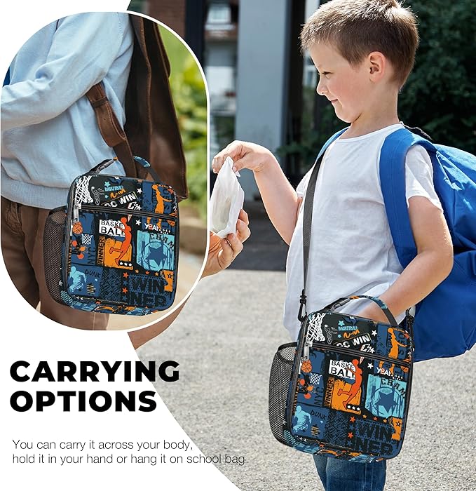 Clastyle Black Street Basketball Insulated Lunch Bag for Kids, Portable Large Thermal Cooler Lunch Bag for Boys, School Lunch Box Bag with Bottle Holder