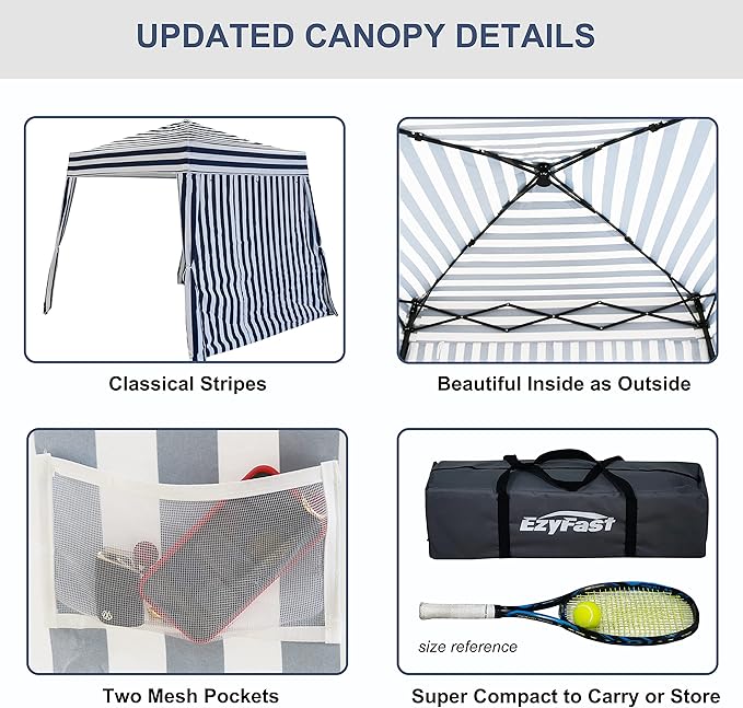 EzyFast Compact Pop Up Canopy Tent, Collapsible Instant Shelter,Portable Sports Cabana, with Built-in Weight Bags, 8 x 8 ft Base / 6 x 6 ft Top for Camping,Hiking,Fishing,Picnic (Classical Stripe)