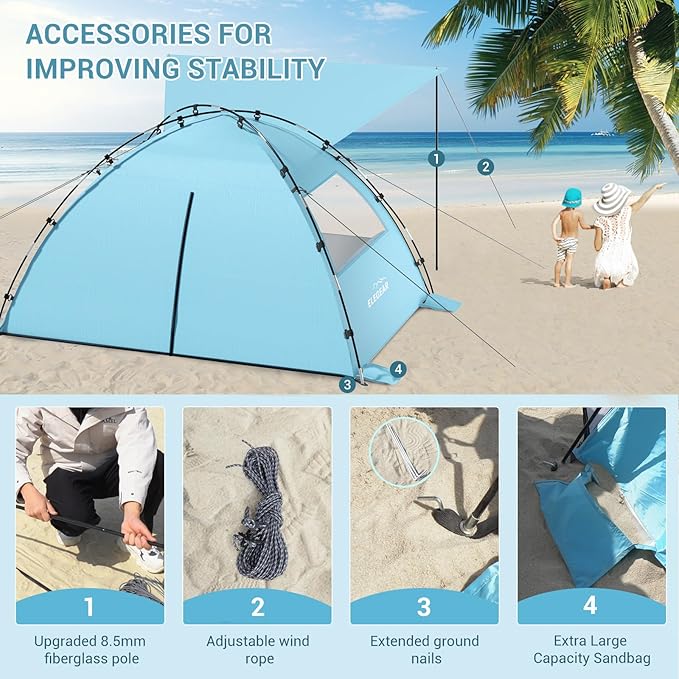 Elegear Beach Tent Sun Shelter with Canopy, 6-8 Person Pop Up Beach Tent, Easy Setup UPF 50+ UV Protection Portable Lightweight Double Silver Coating Beach Cabana Sun Shade Shelter - Sky Blue