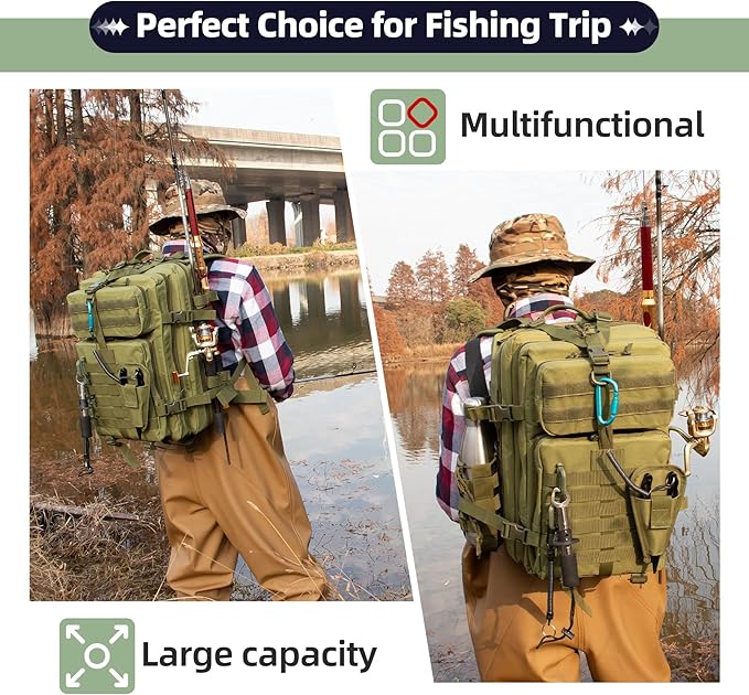 45l Large Fishing Tackle Backpack with Removable Plier Holder & Rod Holders, Green Tactical Bag, Fishing Gear and Tackle Box Organizer, Hiking Rucksack without Tackle Box