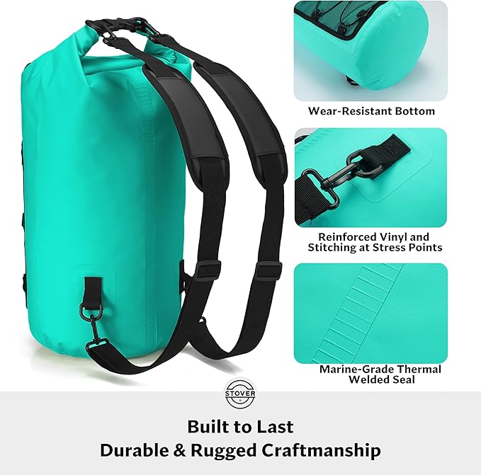 STOVER 5/10/25/30/40/55L Waterproof Dry Backpack- Medium Floating Dry Bag for Kayaking, Travel, Tubing, Hiking, Fishing, Camping, Motorcycles & Beach, Heavy-Duty Roll Top Men/Women (Teal)
