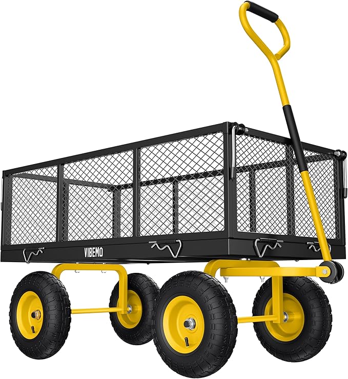 Steel Garden Cart, 2-in-1 900 lbs Heavy Duty Utility Wagon, with Removable Mesh Sides to Convert into Flatbed, 240° U-Turn 10" Pneumatic Tires Garden Wagon for Farm Yard Lawn Garden Camping