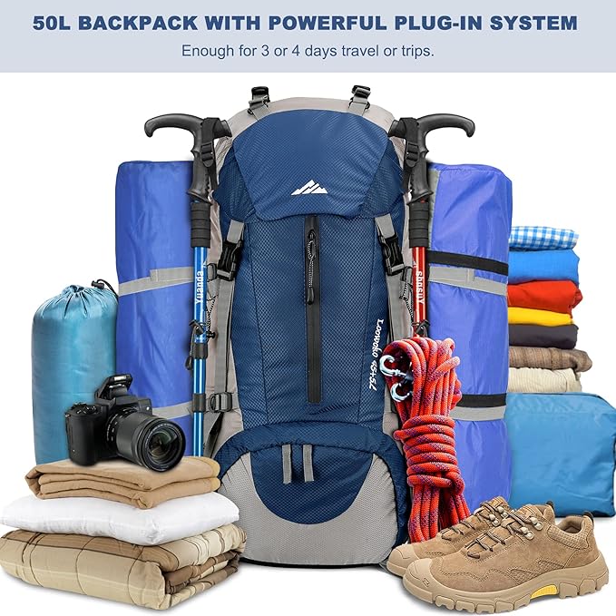 Loowoko 50L Hiking Backpack, Waterproof Camping Essentials Bag with Rain Cover, 45+5 Liter Lightweight Backpacking Back Pack