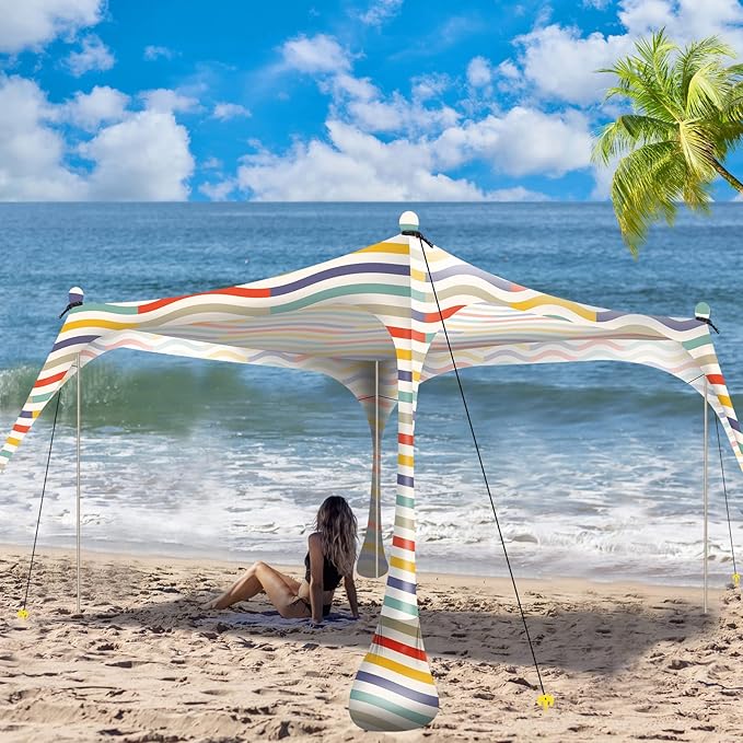 Buheco Beach Tent Pop Up Shade 7x7.5ft Beach Canopy Sun Shelter UPF50+ with 4 Foldable Poles-Portable Carrying Bag-Sand Shovel-Ground Pegs-Windproof Ropes for Outdoor Family Camping-Fishing- Picnic