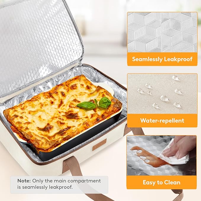 Insulated Casserole Carrier for Hot or Cold Food, Lasagna Lugger Tote for Potluck Parties/Picnic/Cookouts, Fits 9"×13" Baking Dish, Cream