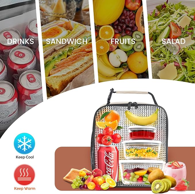 Lunch Bag for Men/Women, Reusable Lunchbox for Adult, Small Insulated Lunch box, Lunch Tote Bag for Office, Work, Picnic - Beige White