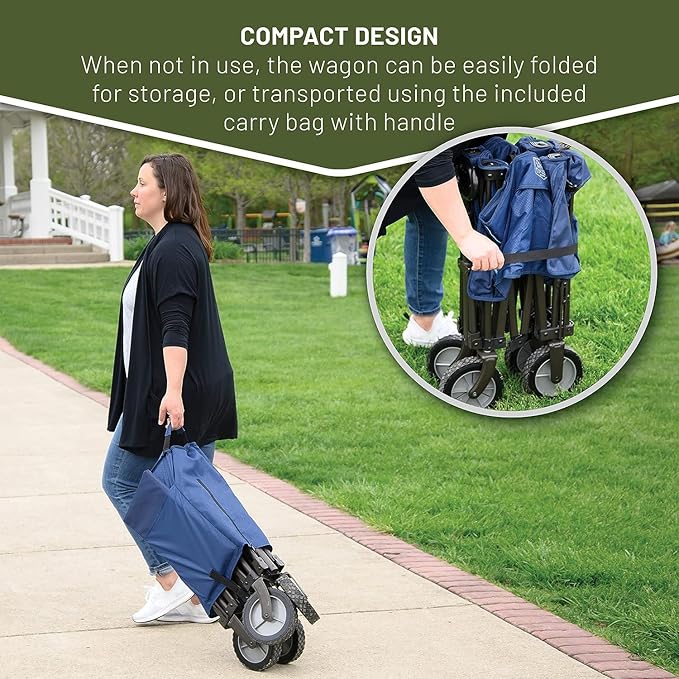 TIMBER RIDGE Tailgate Collapsible Folding Wagon Cart, Heavy Duty Utility Push Pull Beach Wagon Foldable, Outdoor Grocery Cart with Side Pockets for Camping, Garden, Shopping, Holds 225 lbs, Blue