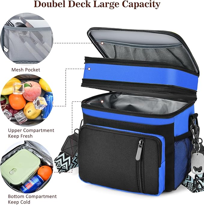 LOKASS Lunch Box for Women/Men-16L-Insulated Lunch Bag, Expandable Double-layer Leakproof Cooler Bag with Upgrade Adjustable Shoulder Strap Ideal for Work/Travel/Picnics（Sapphire Blue）