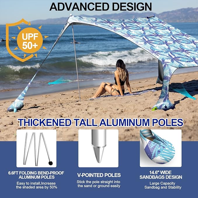 Buheco Beach Tent Pop Up Shade 7x7.5ft Beach Canopy Sun Shelter UPF50+ with 4 Foldable Poles-Portable Carrying Bag-Sand Shovel-Ground Pegs-Windproof Ropes for Outdoor Family Camping-Fishing- Picnic