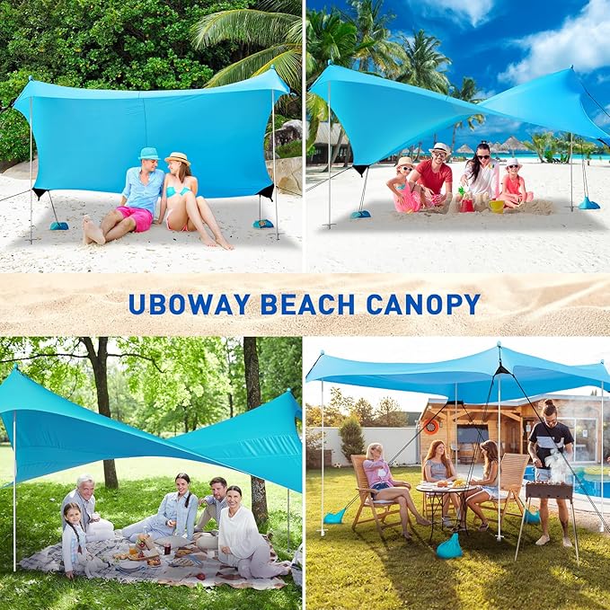 Beach Tent UPF50+ With 8 Sandbags, Camping Essentials for 6-12 Persons, Shade Canopy With Stability Poles and Big Ground Pegs, Pop Up Canopy for Picnics, 12X12FT Blue