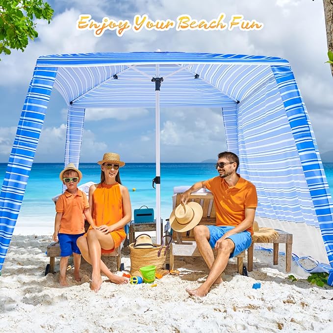 Beach Cabana - Cool 6.2’x6.2’ UPF 50+ Sun Shade, Easy Setup & Portable, Waterproof Canopy with Sand Pockets, Side Wall & Beach Umbrella Tent Design - Perfect for Family Trips, Picnics & Camping