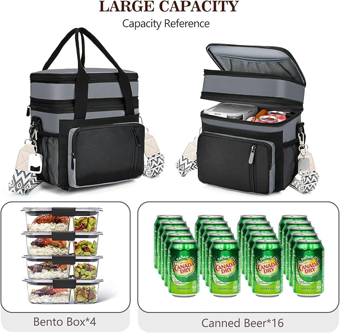LOKASS Lunch Box for Men/Women-16L-Insulated Lunch Bag, Expandable Double-Layer Leakproof Cooler Bag with Upgrade Adjustable Shoulder Strap Ideal for Work/Travel/Picnics（Gray&Black）