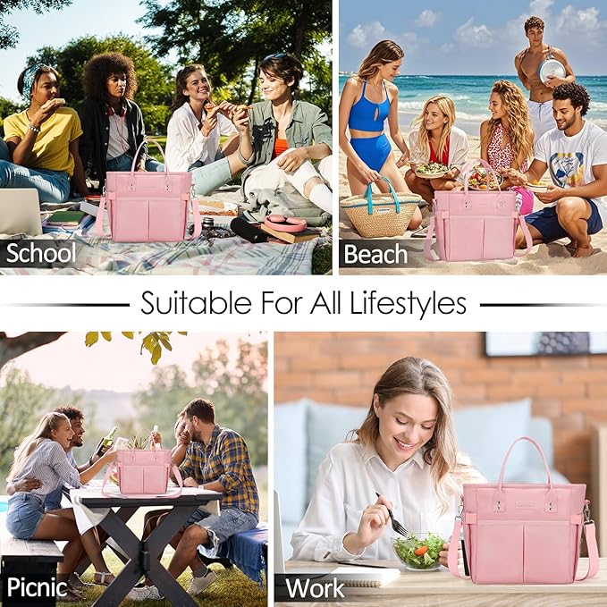MAXTOP Lunch Bag Women for Work Insulated Thermal Lunch Box with Wide-Open Pocket Reusable Leakproof Cooler Bags with Removable Shoulder Strap for Teacher Nurse Office Picnic Travel Pink