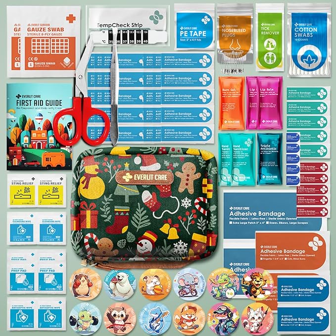 EVERLIT Care Rescue Pack | Family-Friendly First Aid Kit for Kids with 200 Pcs Medical Supplies | Travel-Friendly Compact Storage Bag for Home, Car, Travel, Camping, Adventure (Christmas)