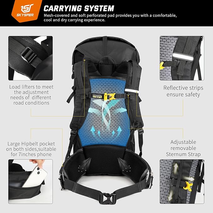 SKYSPER Hiking Backpack, 50L/60L Backpacking Backpack for Camping Travel, Lightweight Waterproof Outdoor Pack for Men Women