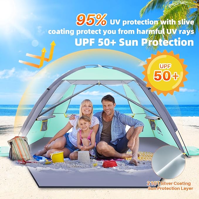 Happy Travel Beach Tent, UPF 50+ UV Protection Sun Shade Shelter for 3/4/5/6/7/8 Person, Portable Beach Canopy for Family & Baby, Lightweight & Easy Setup Beach Cabana with 3 Ventilation Mesh Windows