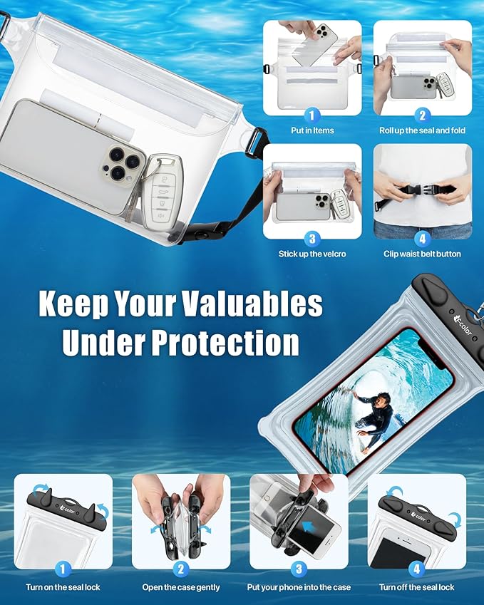 F-color Waterproof Fanny Pack - Waterproof Phone Pouch with Waist Strap - Cruise Essentials 2025 Must Haves Waterproof Pouch Dry Bag Keep Phone Valuables Safe for Beach Kayaking Boating Fishing