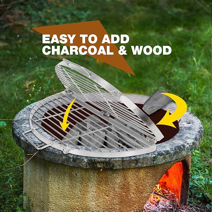 REDCAMP Foldable Fire Pit Cooking Grill Grate 30 Inch, Campfire BBQ Grill with Portable Handle & Support Wire, Heavy Duty Stainless Steel Round Campfire BBQ Grill for Outdoor Picnic Party & Gathering