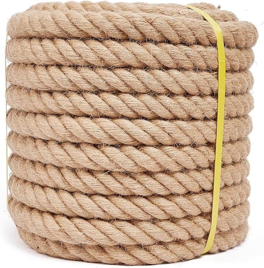 Jute Rope 1-1/2 Inch 50 Feet, Heavy Duty Rope Thick Twisted, Natural Hemp Rope for Crafts, Gardening, Bundling, Climbing, Hammock, Nautical, Tug of War, Railings, Home Decorating