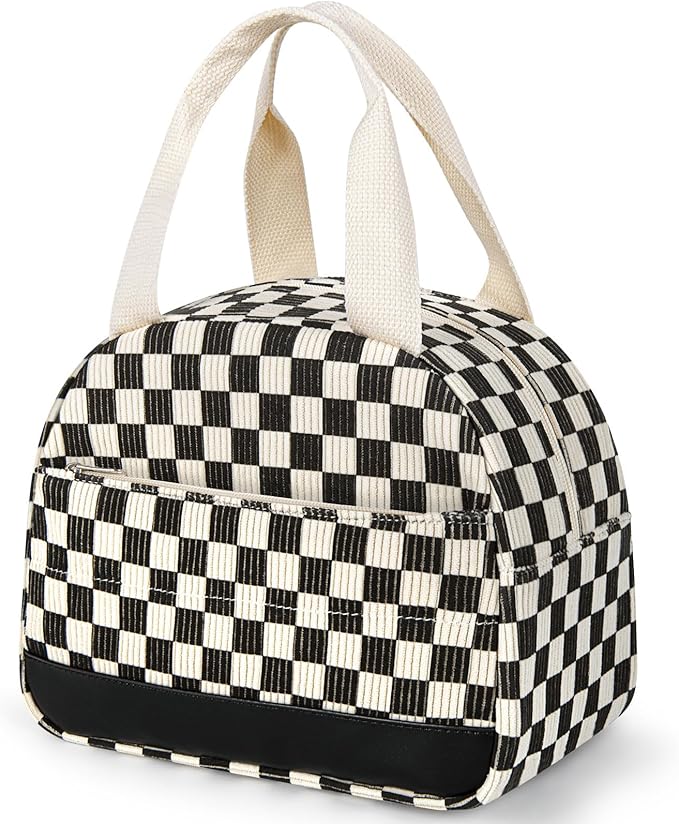 Lunch Box Lunch Bag for Women Men, Leakproof, Insulated Lunch Box Tote with Large Capacity, Lunch Container for Work/Office (Corduroy Black Checkered Pattern)