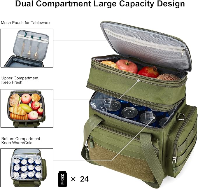 Tactical Lunch Box for Men, Insulated Lunch Bag Adult, Thermal Lunchbox Leakproof Waterproof Cooler Bag, Dual Compartment Lunch tote, Large Lunch Pail for Work Office Travel(Green) 15L