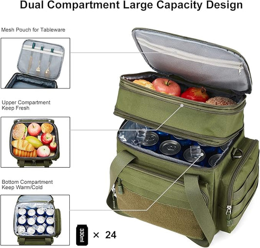Tactical Lunch Box for Men, Insulated Lunch Bag Adult, Thermal Lunchbox Leakproof Waterproof Cooler Bag, Dual Compartment Lunch tote, Large Lunch Pail for Work Office Travel(Green) 15L
