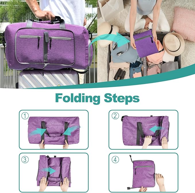 Dimayar 40L Travel Duffle Bag for Men Women - Foldable Duffel Bag with Shoes Compartment - Overnight Bags Waterproof & Tear Resistant(Purple)