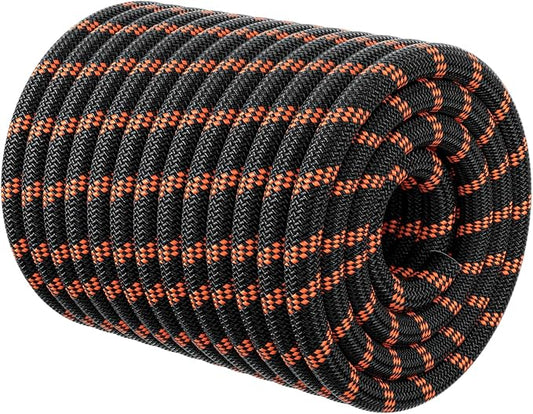 Double Braided Arborist Rigging Rope - 1/2 in X 150 ft 48 Strands Outdoor Pulling Heavy Duty Polyester Bull Rope for Swing Tree Work Camping Rescue Hiking - Black