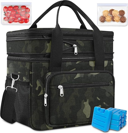 23L Extra Large Expandable Insulated Cooler Lunch Box for Men Double Deck Leakproof Heavy Duty Lunch Bag with 4 Ice Packs&2 Snack Bags for Adult/Construction/Women/Work/Picnic/Camping - Camouflage